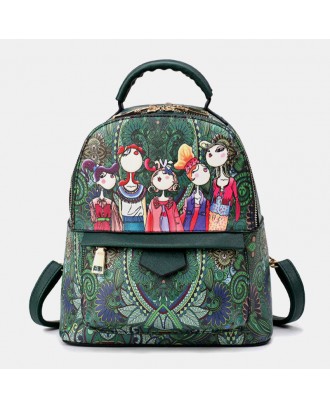 Women Leather Cartoon Figure Printed Pattern Large Capacity Backpack Shoulder Bag Handbag