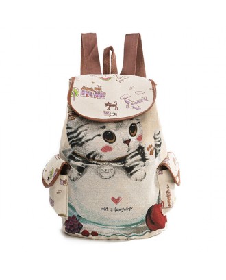 Canvas Casual Cartoon Cat Pattern School Bag Backpack Shoulder Bags Student Bags