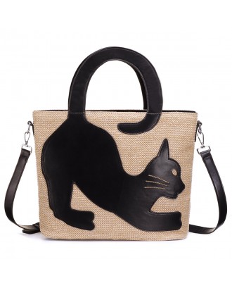 Women Straw Artificial Leather Cat Patch Crossbody Bag Large Capacity Versatile Beach Shoulder Bag Handbag