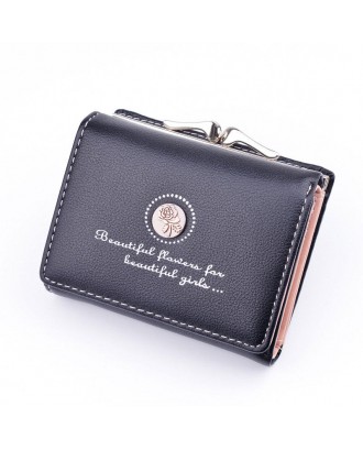 Women PU Leather Floral Clutch Short Solid Buckle Ladies Wallet Mini Portable Credit Card Purse