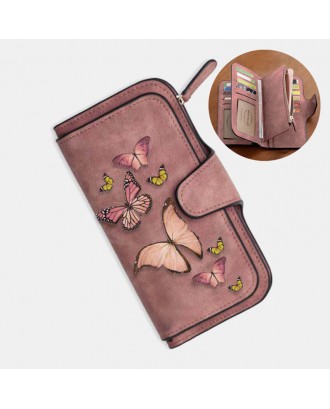 Women Butterfly Four Fold Wallet Purse 14 Card Slot 5.5 Inch Phone Bag