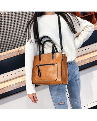 Women PU Leather Tote Handbag Retro Solid Leisure Crossbody Bag