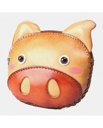 Unisex Genuine Leather Casual Cute Outdoor Cartoon Animal Pig Shape Small Coin Bag Wallet